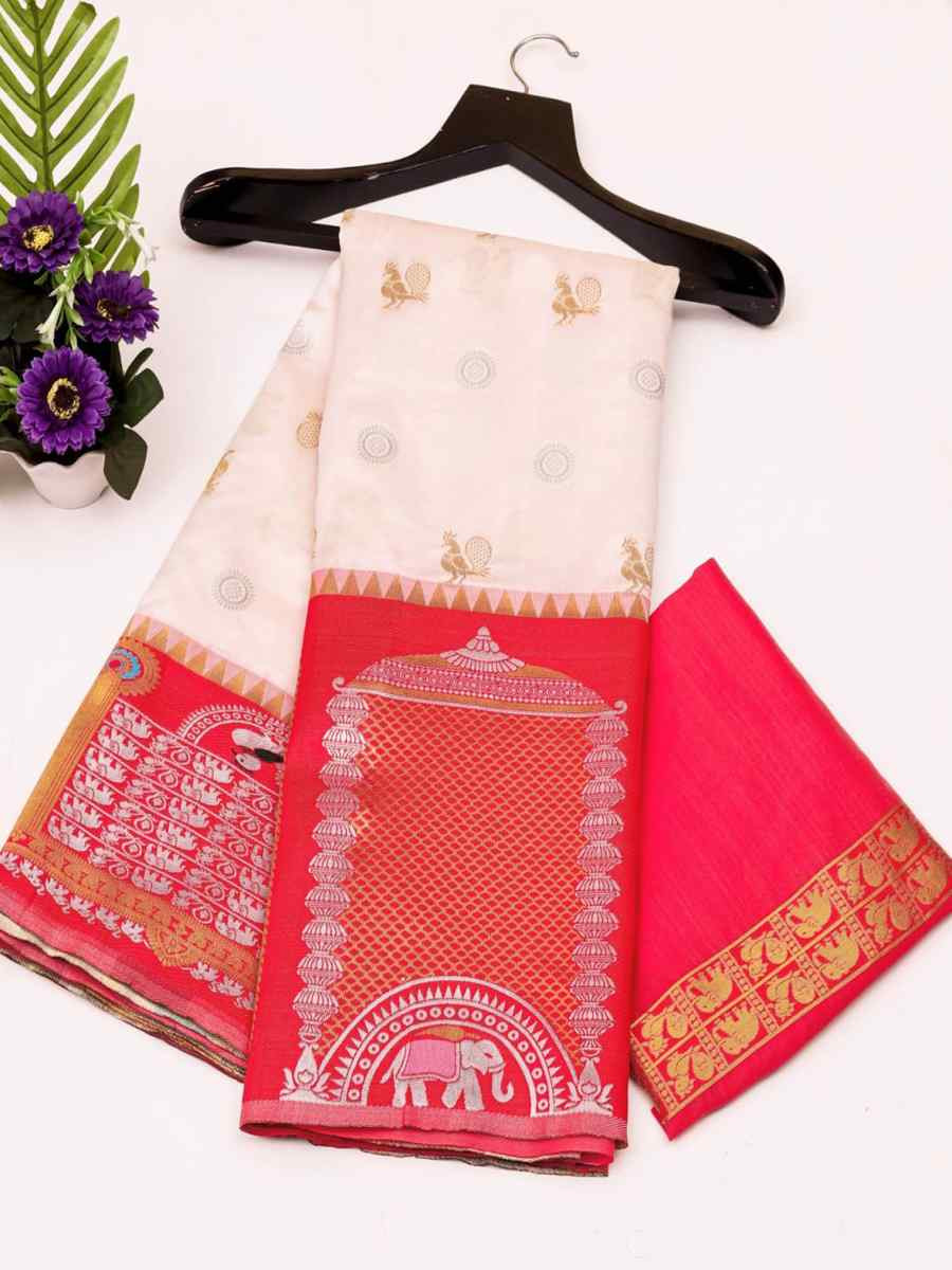 White Banarasi Soft Silk Jacquard Festival Wear Fancy Heavy Border Saree