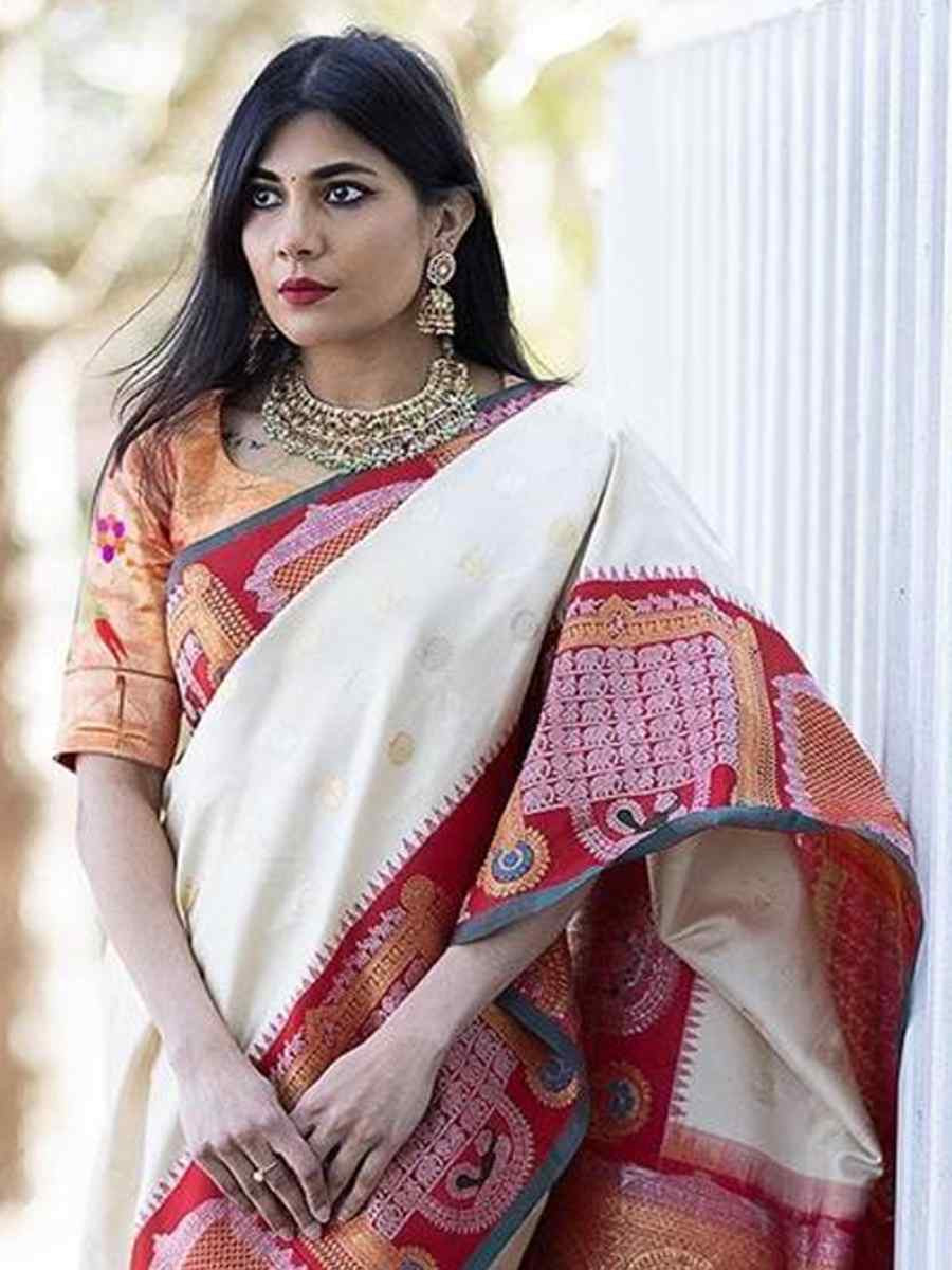 White Banarasi Soft Silk Jacquard Festival Wear Fancy Heavy Border Saree