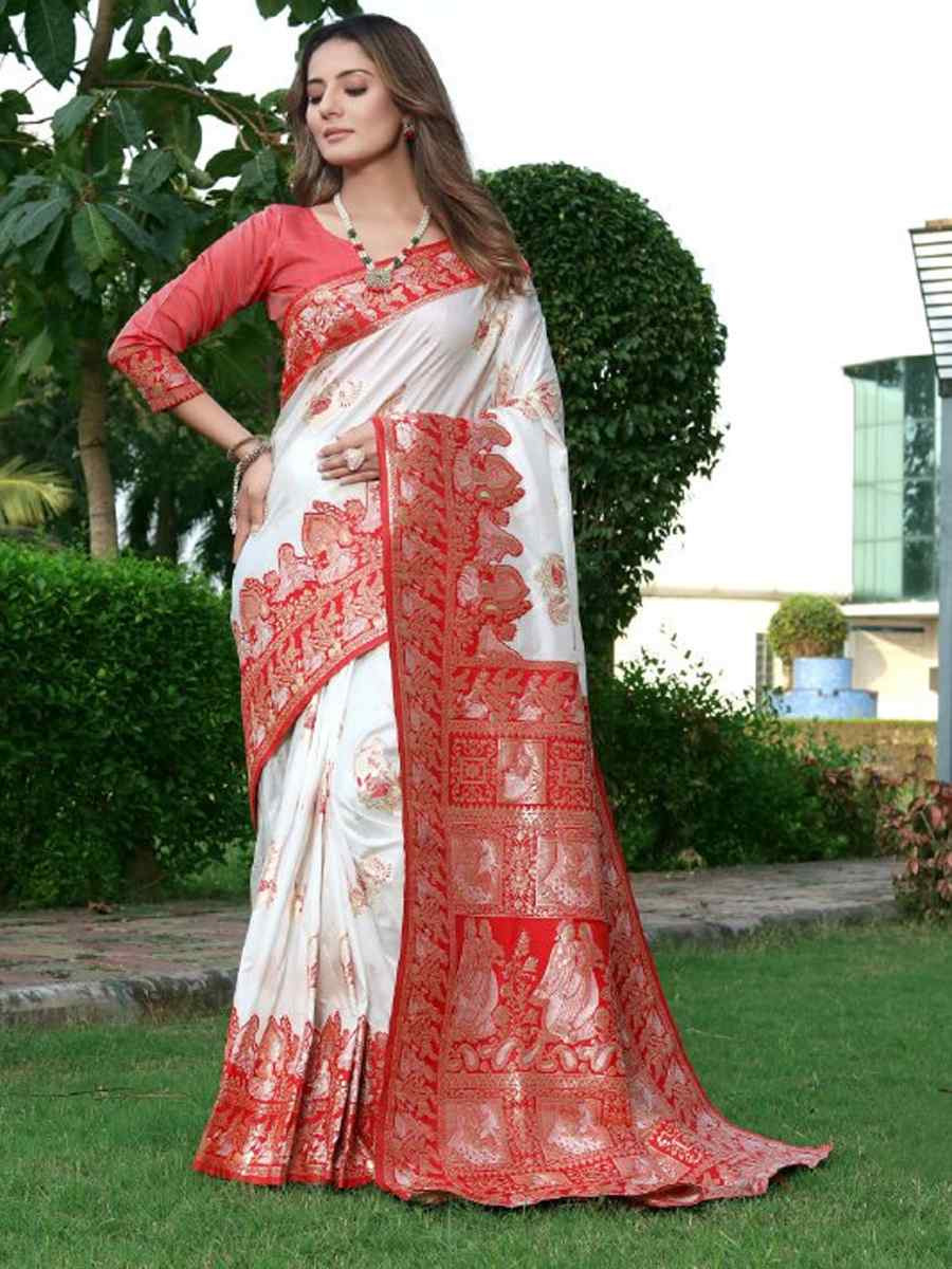 White Banarasi Soft Silk Jacquard Festival Wear Fancy Heavy Border Saree