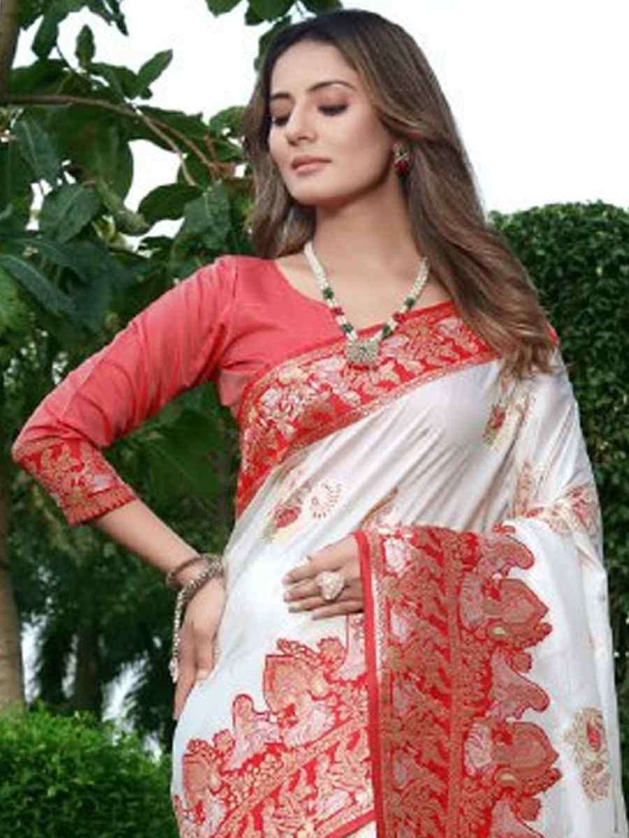 White Banarasi Soft Silk Jacquard Festival Wear Fancy Heavy Border Saree