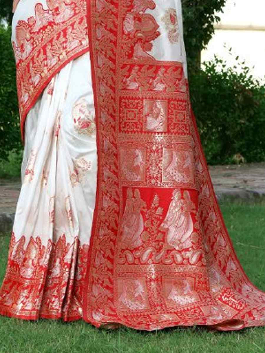 White Banarasi Soft Silk Jacquard Festival Wear Fancy Heavy Border Saree