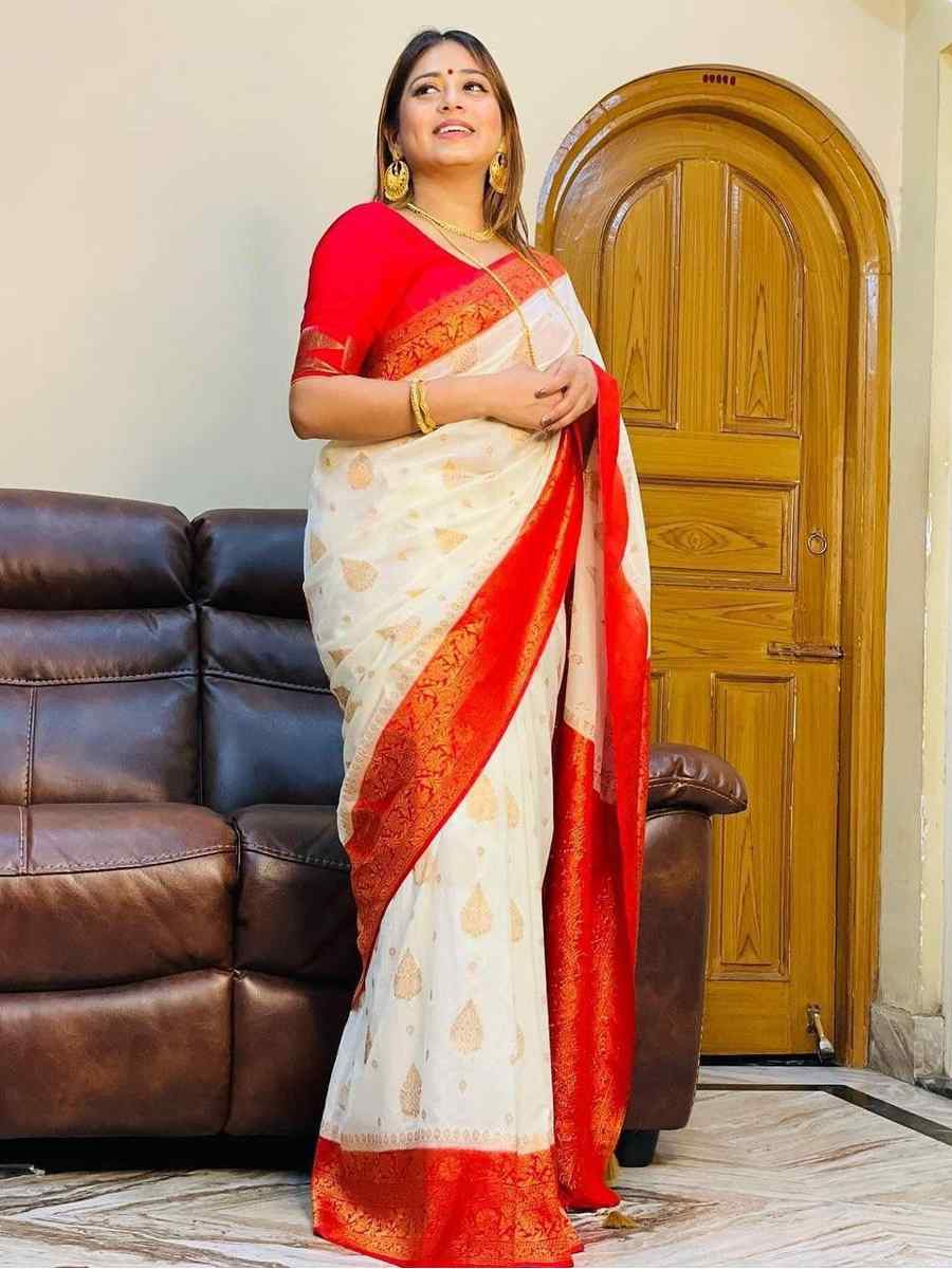 White Banarasi Soft Silk Jacquard Festival Wear Fancy Heavy Border Saree