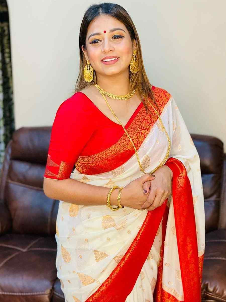 White Banarasi Soft Silk Jacquard Festival Wear Fancy Heavy Border Saree