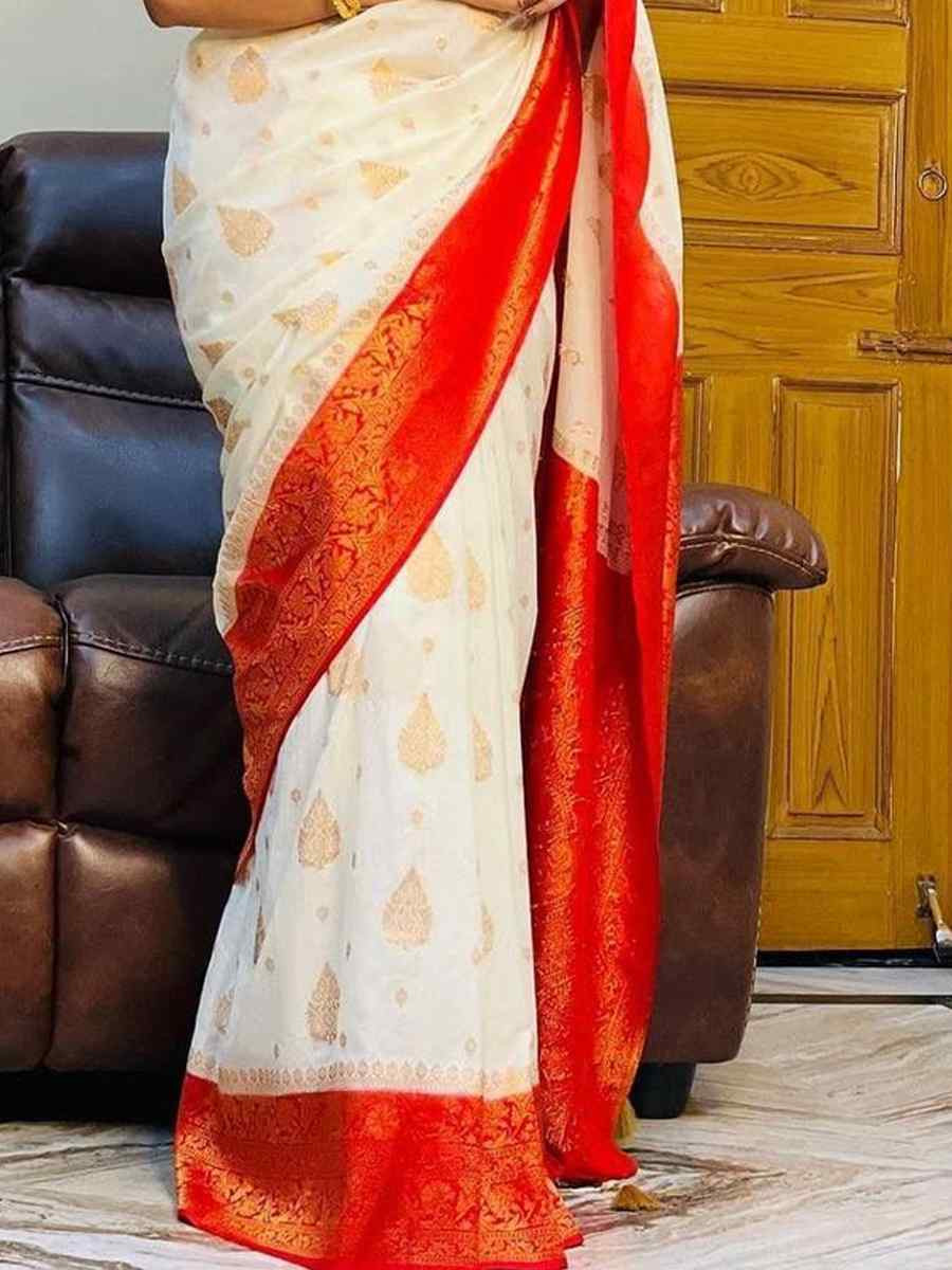 White Banarasi Soft Silk Jacquard Festival Wear Fancy Heavy Border Saree