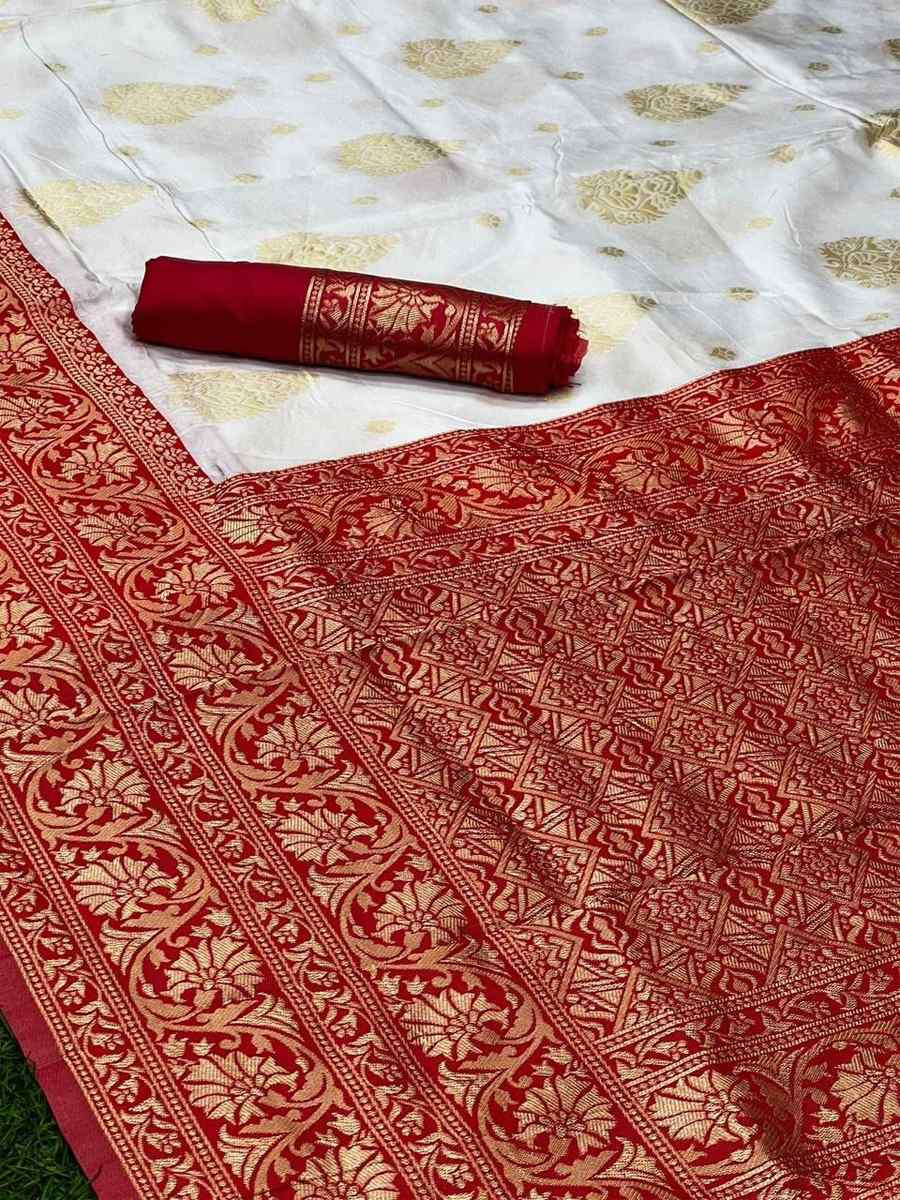 White Banarasi Soft Silk Jacquard Festival Wear Fancy Heavy Border Saree