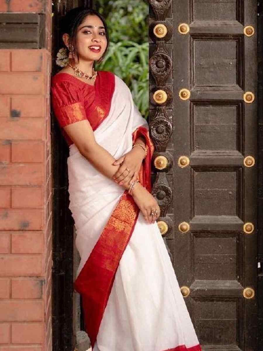 White Banarasi Soft Silk Jacquard Festival Wear Fancy Heavy Border Saree
