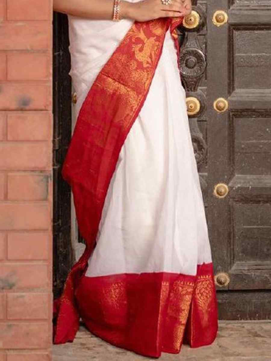 White Banarasi Soft Silk Jacquard Festival Wear Fancy Heavy Border Saree