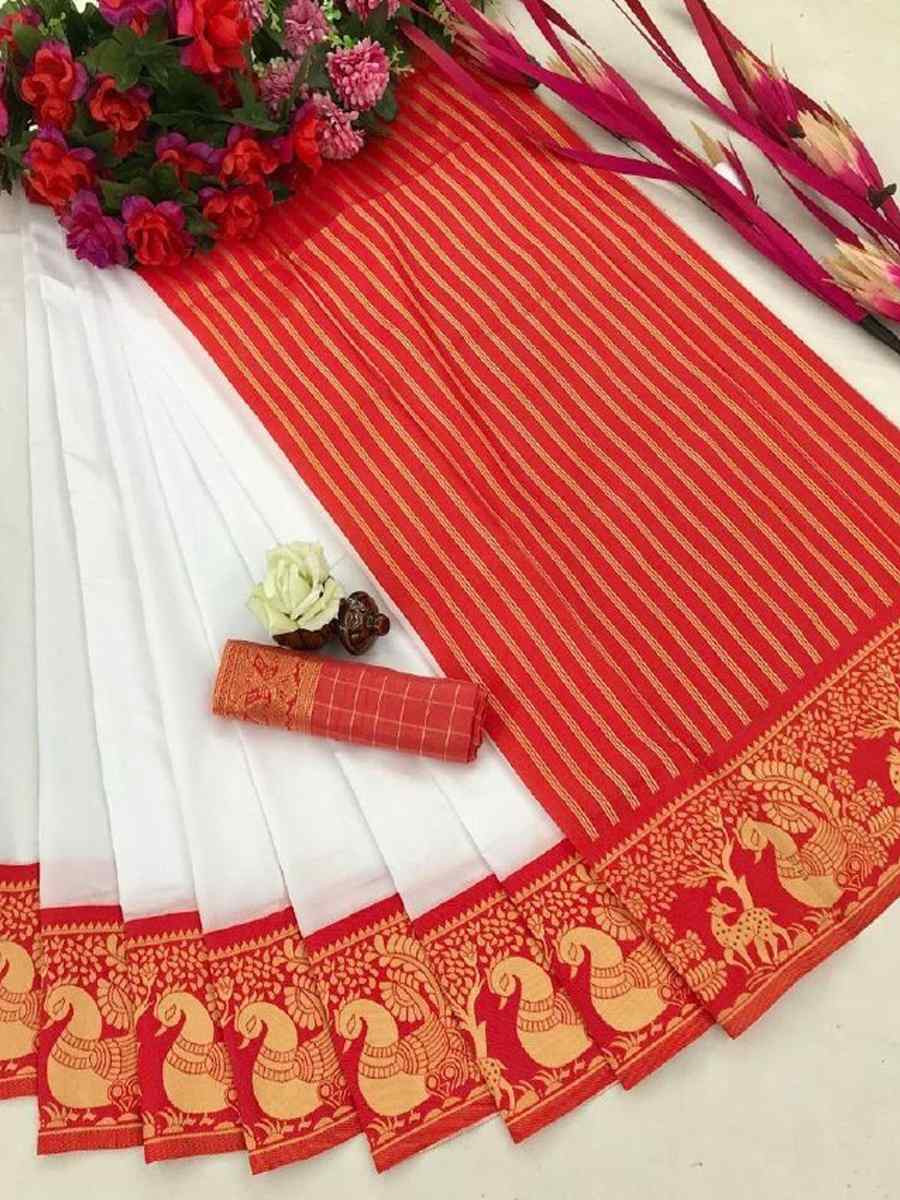 White Banarasi Soft Silk Jacquard Festival Wear Fancy Heavy Border Saree