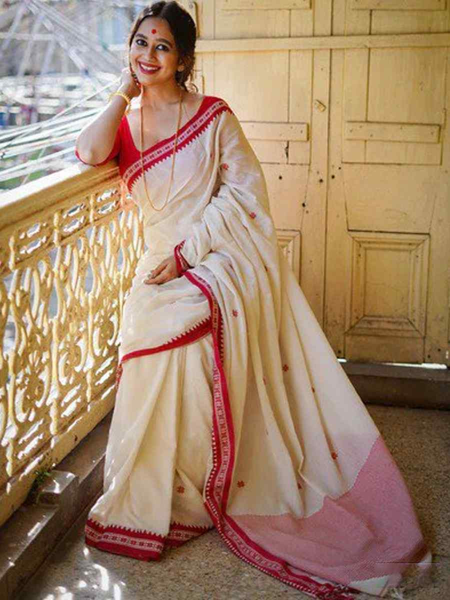 White Banarasi Soft Silk Jacquard Festival Wear Fancy Heavy Border Saree