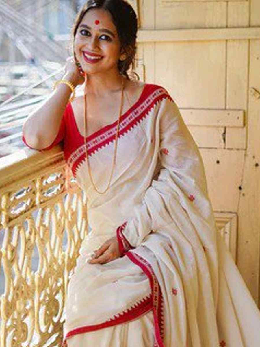 White Banarasi Soft Silk Jacquard Festival Wear Fancy Heavy Border Saree