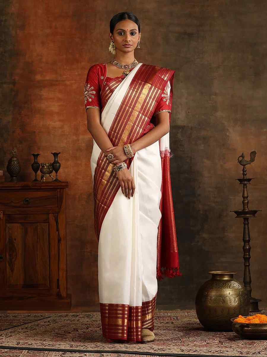 White Banarasi Soft Silk Jacquard Festival Wear Fancy Heavy Border Saree