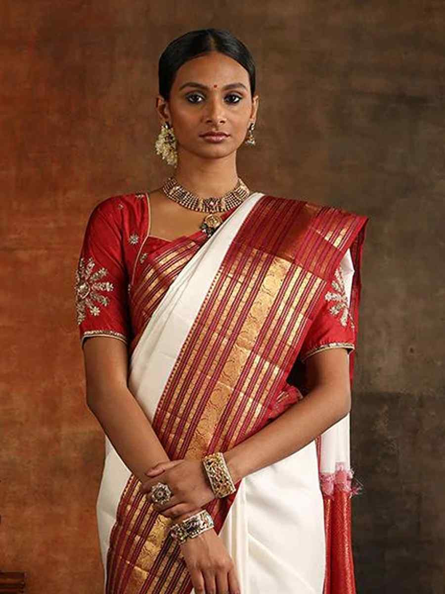 White Banarasi Soft Silk Jacquard Festival Wear Fancy Heavy Border Saree
