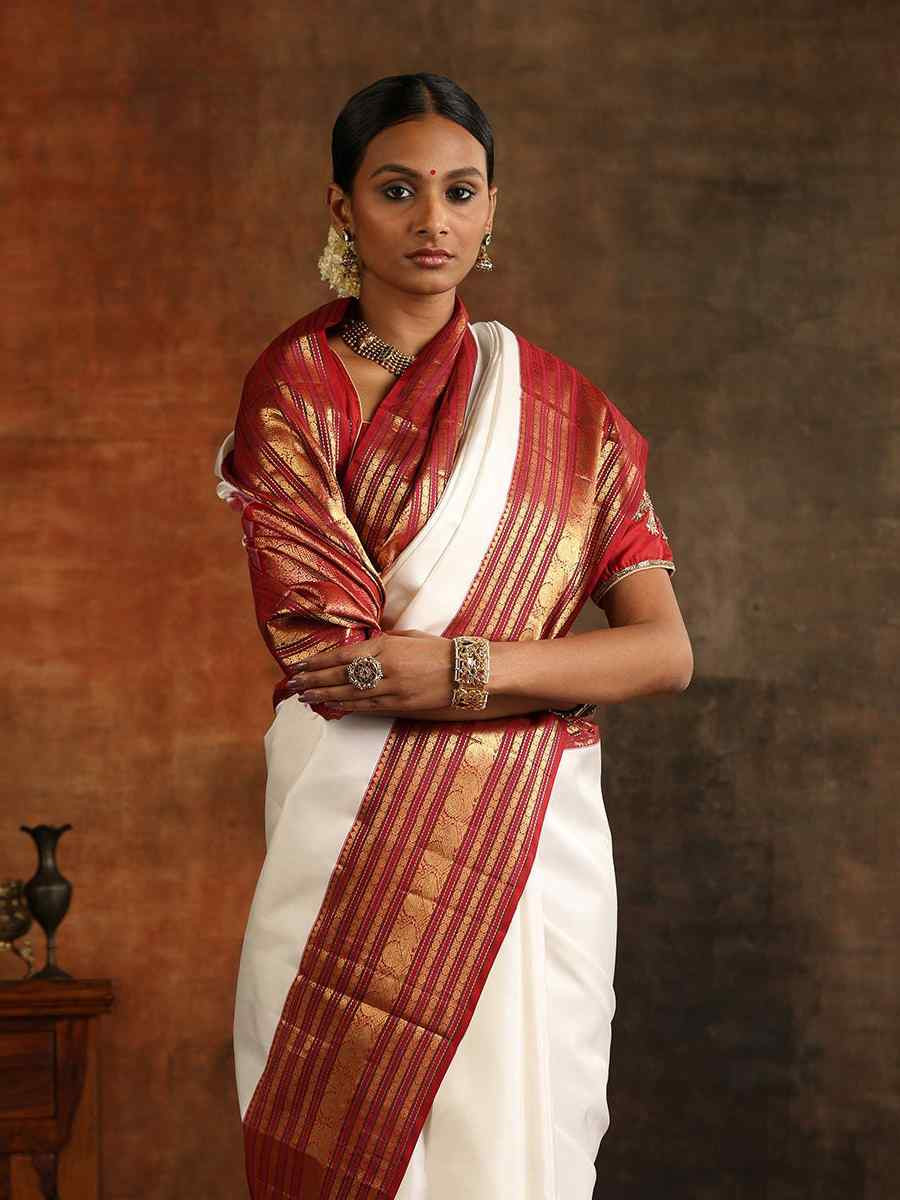 White Banarasi Soft Silk Jacquard Festival Wear Fancy Heavy Border Saree