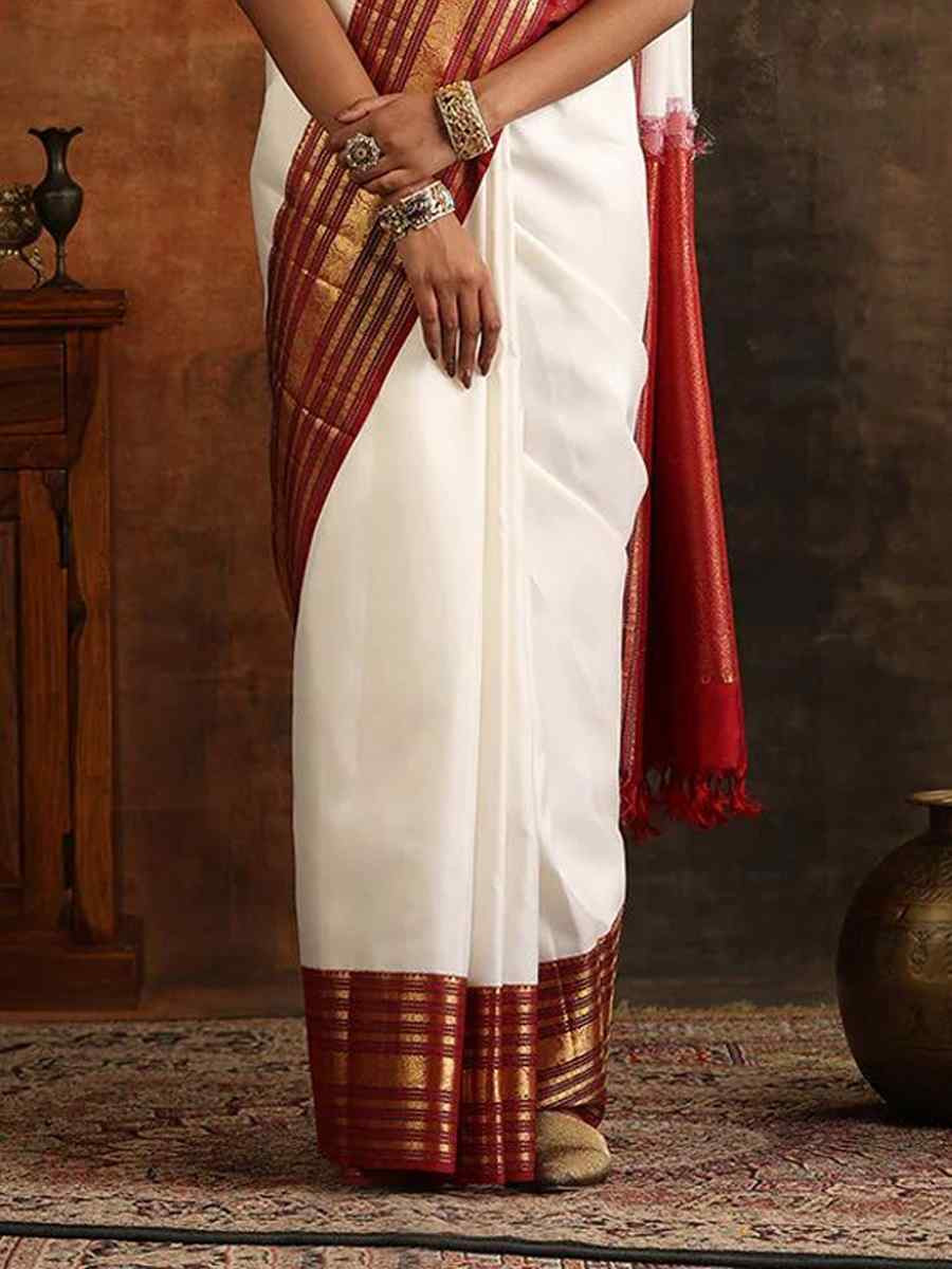 White Banarasi Soft Silk Jacquard Festival Wear Fancy Heavy Border Saree
