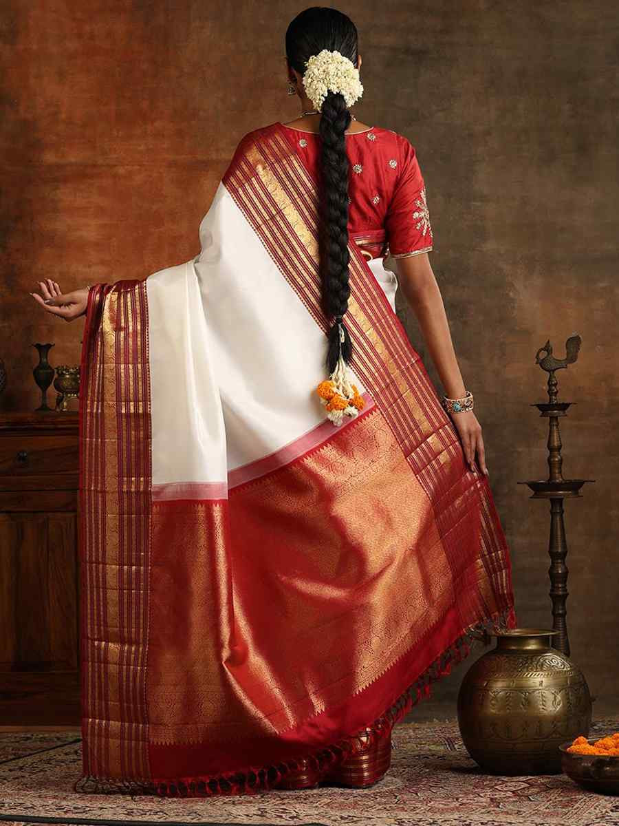 White Banarasi Soft Silk Jacquard Festival Wear Fancy Heavy Border Saree