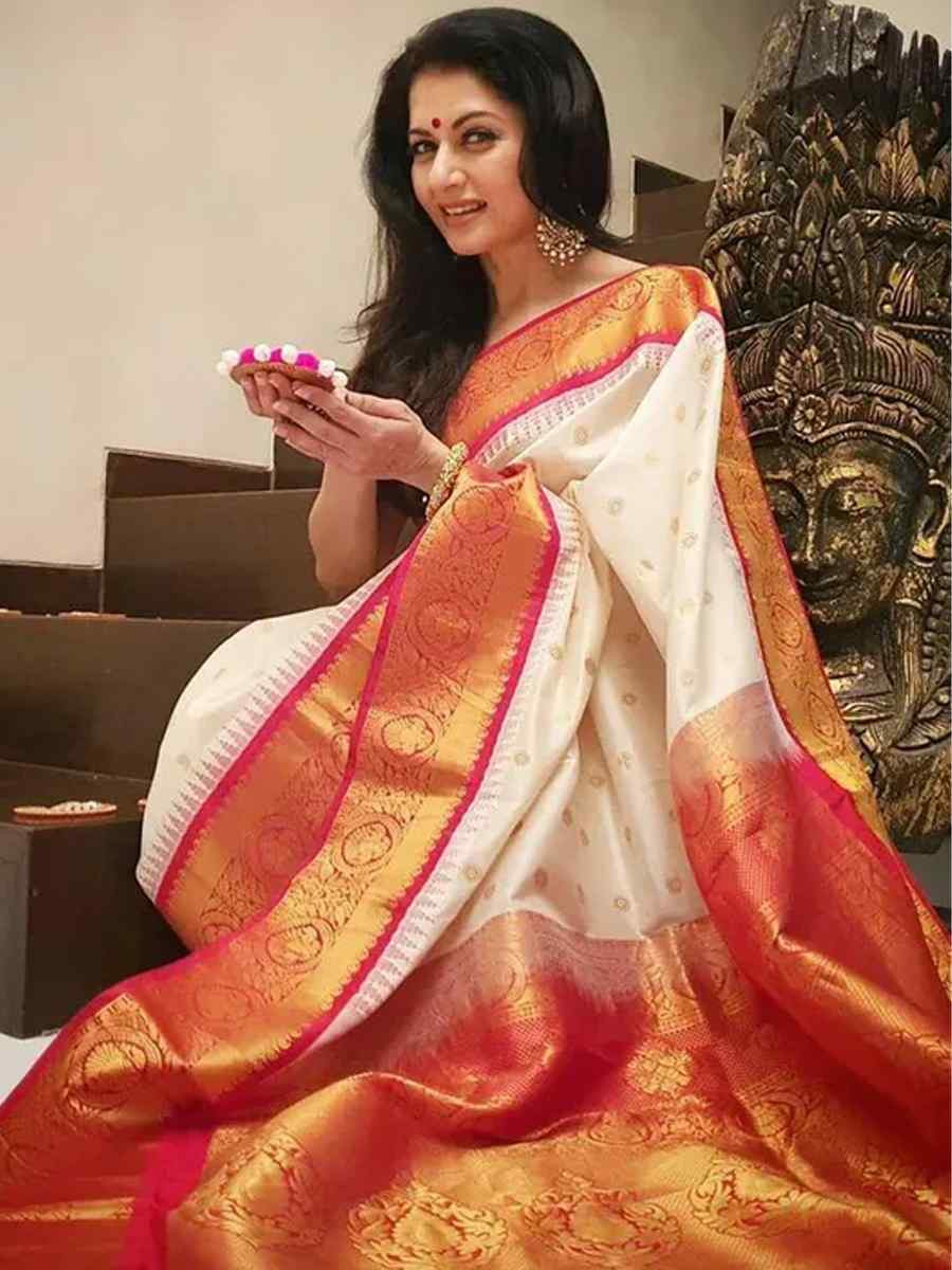 White Banarasi Soft Silk Jacquard Festival Wear Fancy Heavy Border Saree