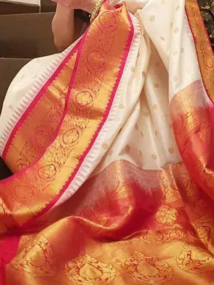 White Banarasi Soft Silk Jacquard Festival Wear Fancy Heavy Border Saree