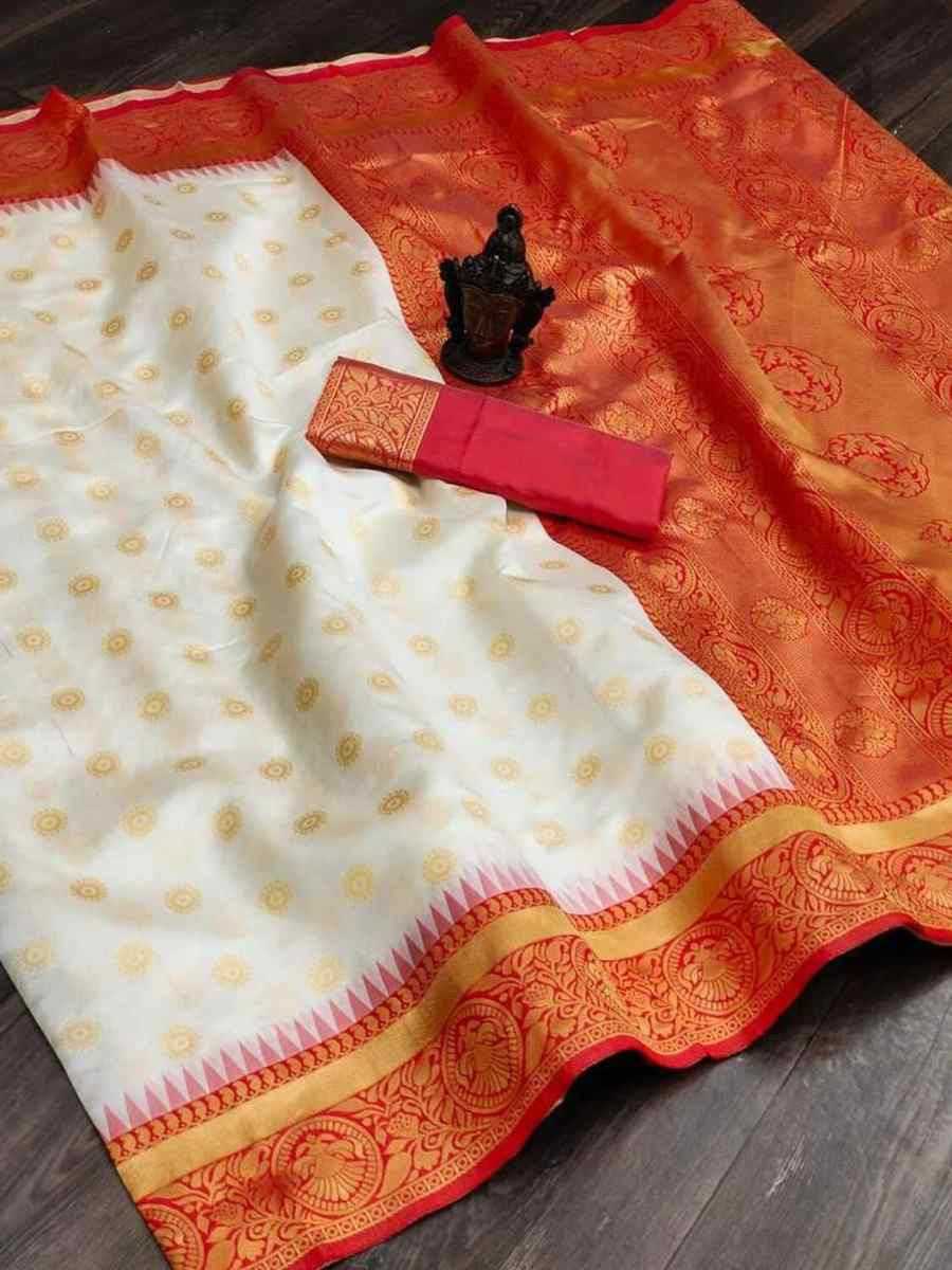 White Banarasi Soft Silk Jacquard Festival Wear Fancy Heavy Border Saree