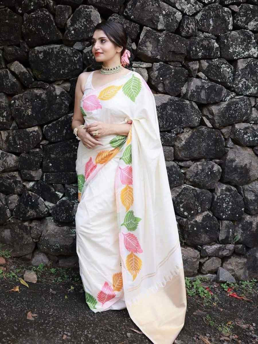 White Banarasi Soft Silk Jacquard Festival Wear Fancy Heavy Border Saree