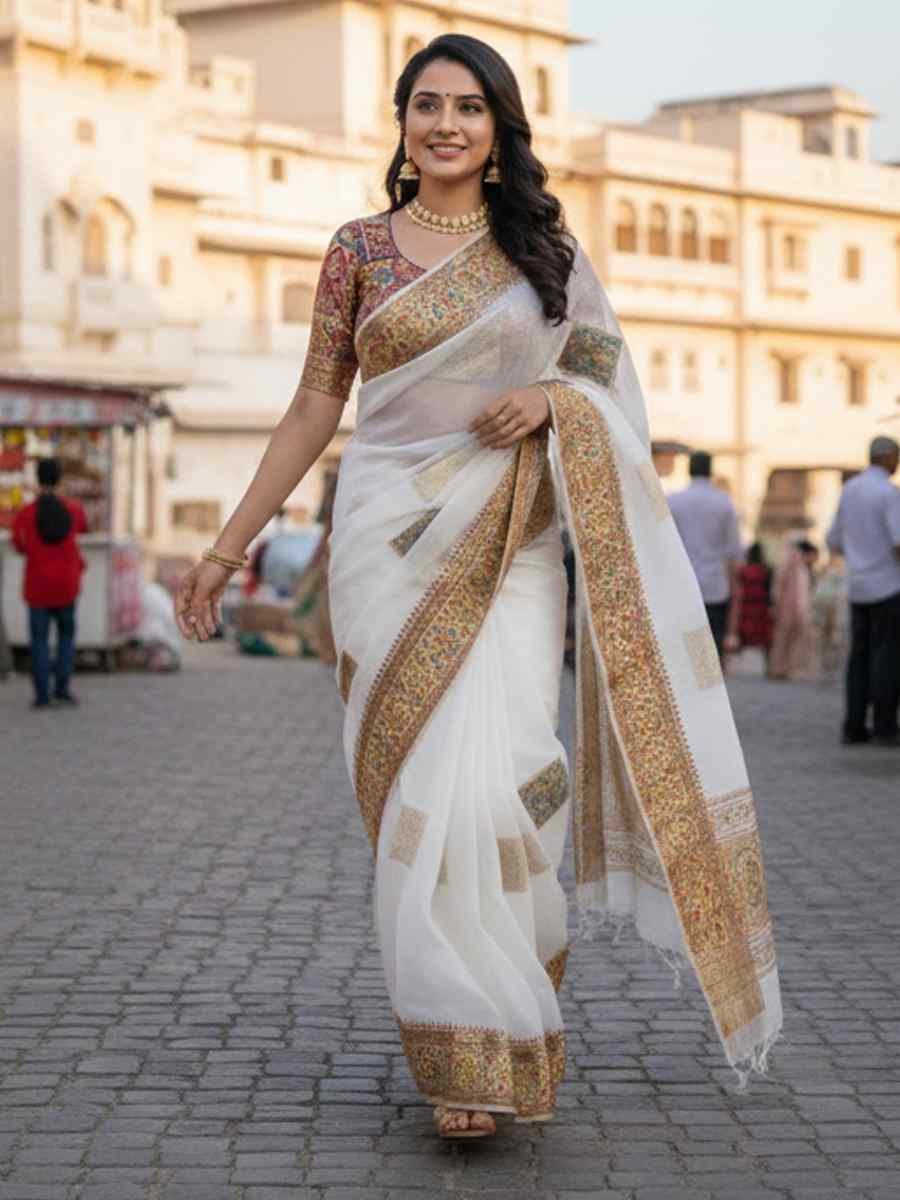 White Banarasi Soft Silk Zari Handwoven Casual Reception Festival Wedding Fancy Classic Style Sarees