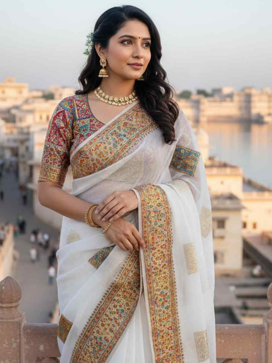 White Banarasi Soft Silk Zari Handwoven Casual Reception Festival Wedding Fancy Classic Style Sarees