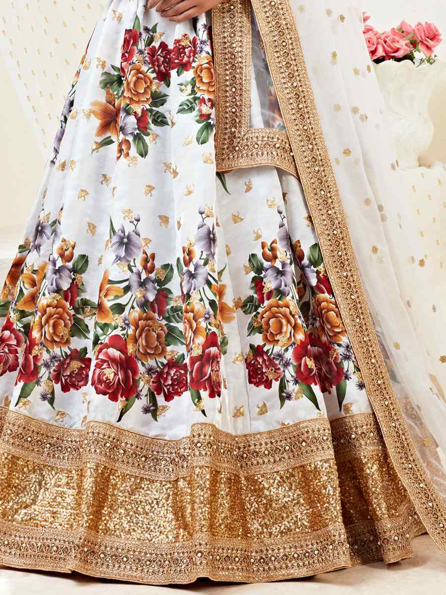 White Banglori Satin Embroidered Festival Wedding Heavy Border Lehenga Choli