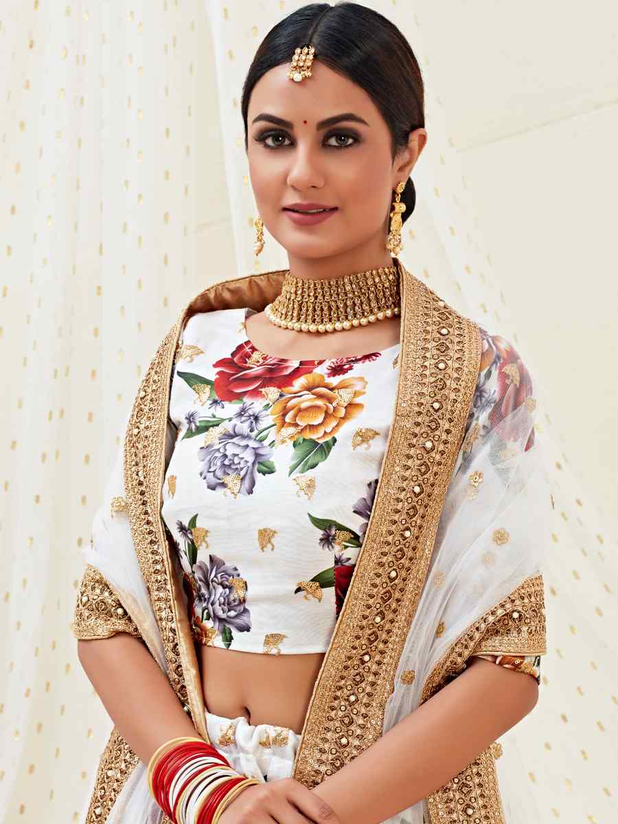 White Banglori Satin Embroidered Festival Wedding Heavy Border Lehenga Choli