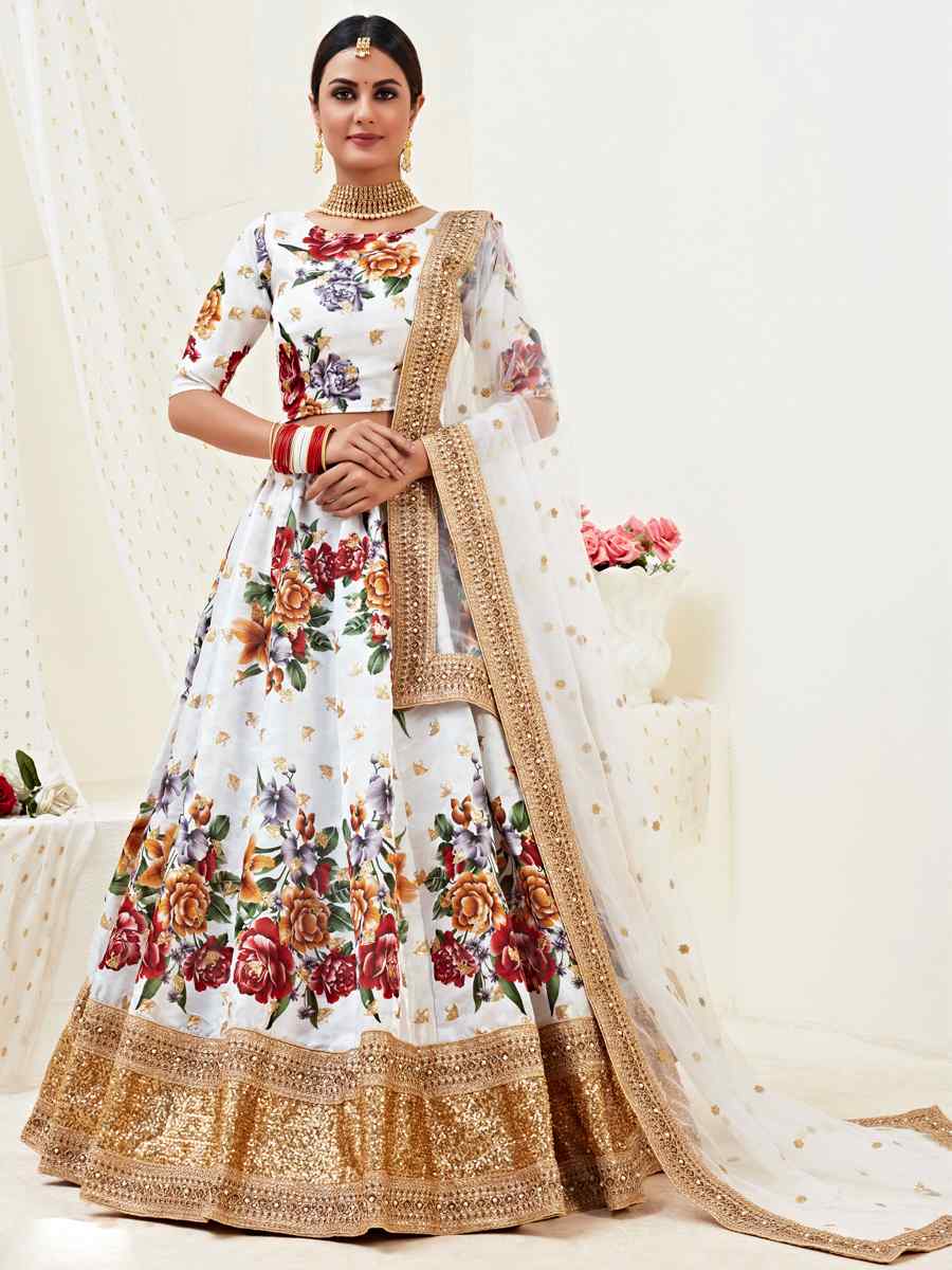 White Banglori Satin Embroidered Festival Wedding Heavy Border Lehenga Choli