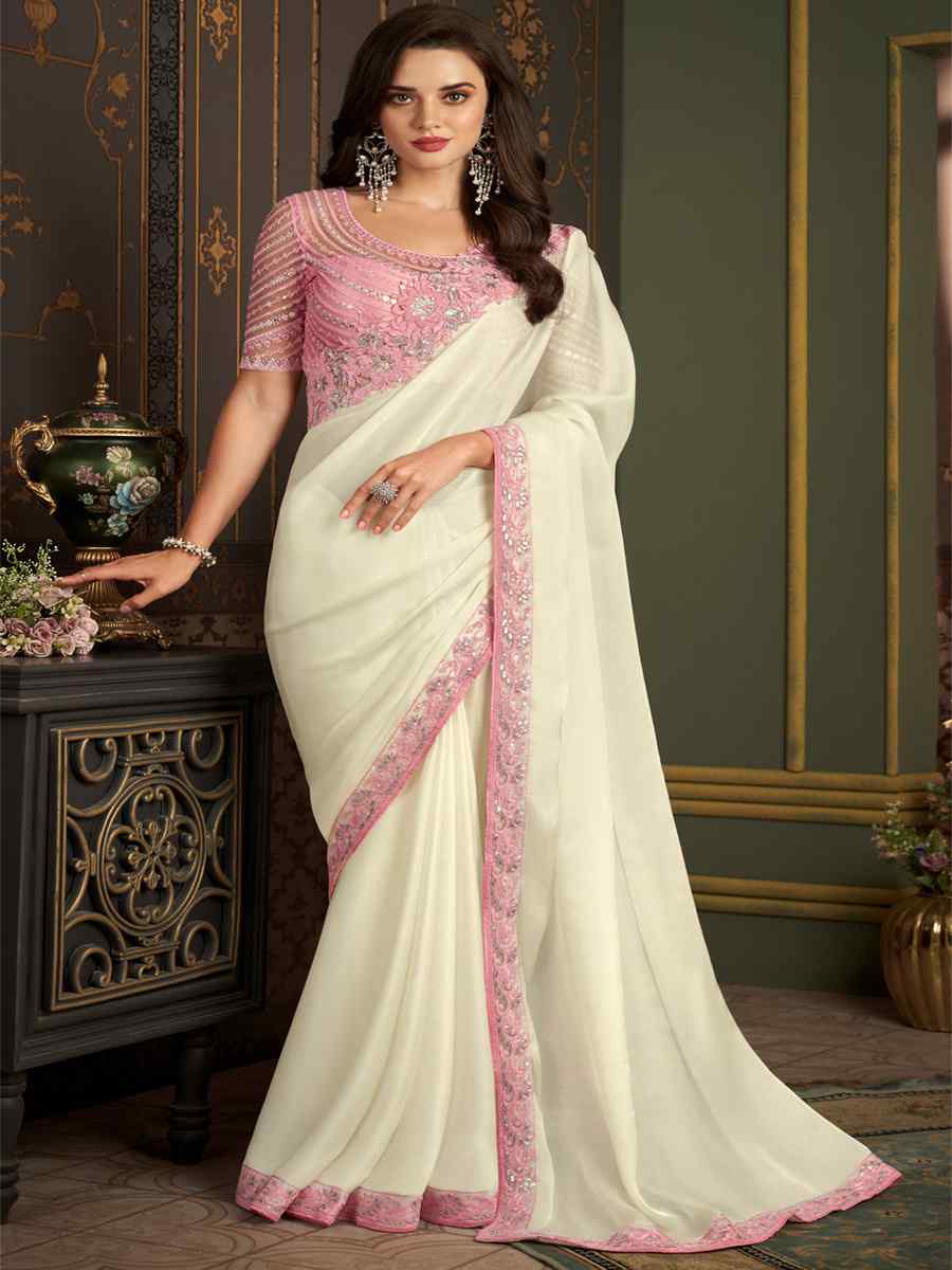 White Banlogry Silk Embroidered Party Reception Heavy Border Saree