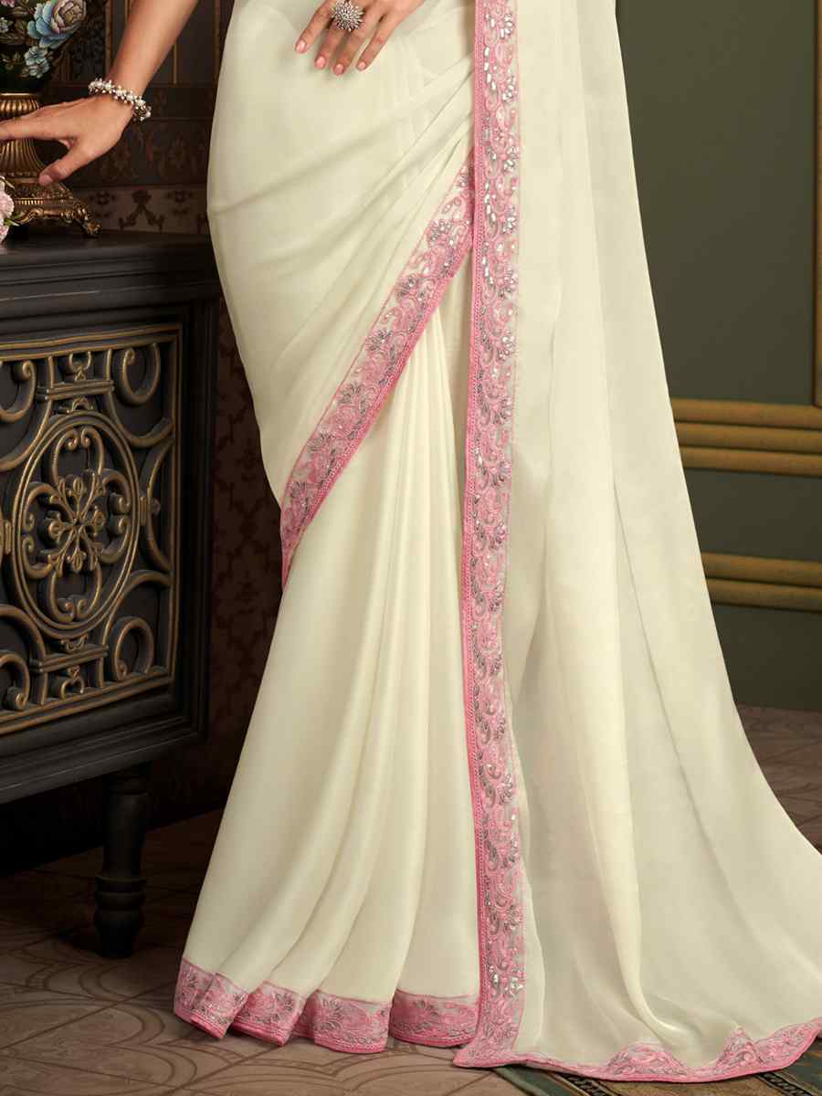 White Banlogry Silk Embroidered Party Reception Heavy Border Saree