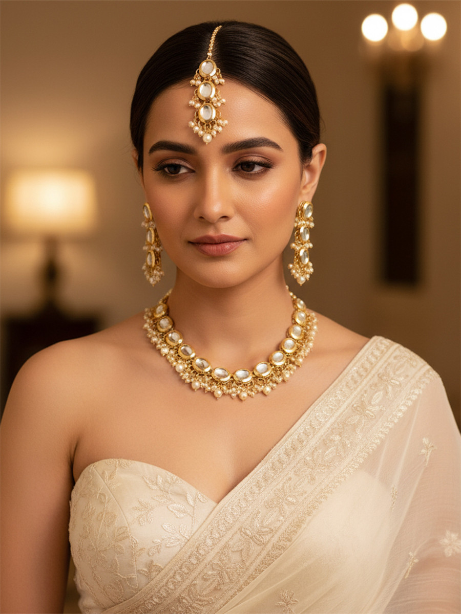White Brass Wedding Party Festival Wear Kundan Necklace