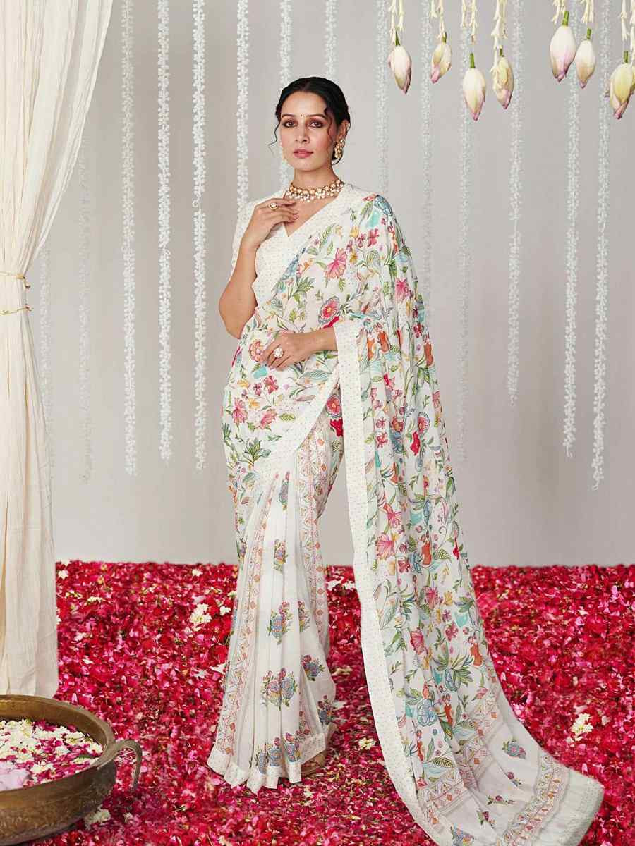 White Bright Moss Printed Festival Casual Contemporary Saree
