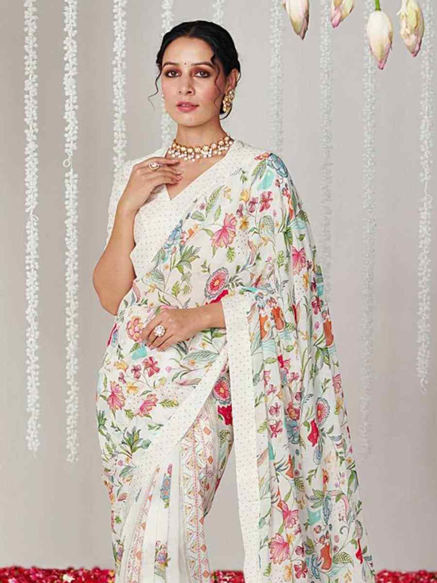 White Bright Moss Printed Festival Casual Contemporary Saree