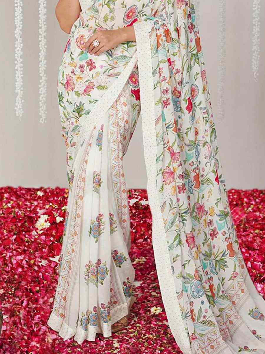 White Bright Moss Printed Festival Casual Contemporary Saree