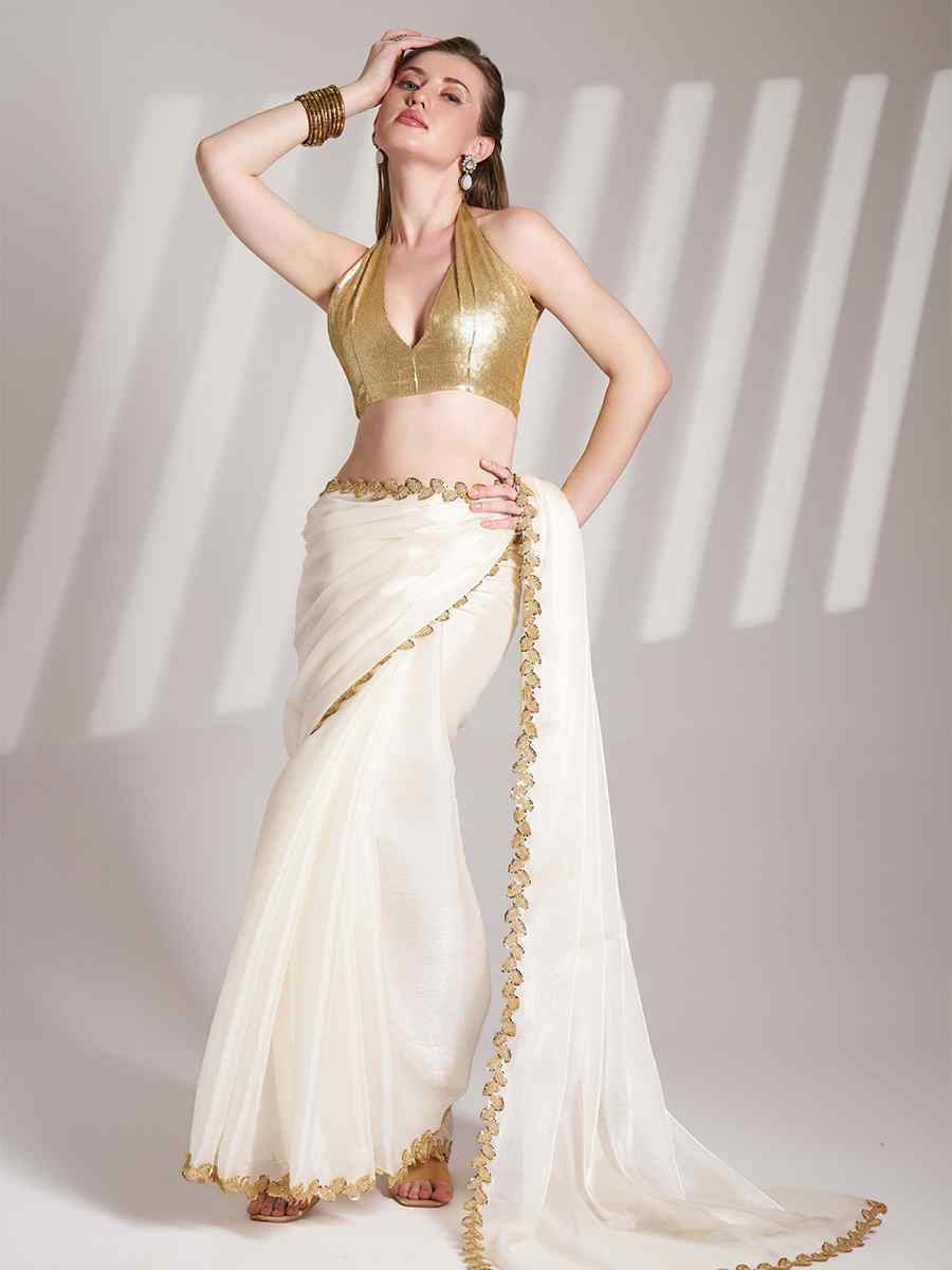 White Burberry Organza Solid Casual Festival Classic Style Saree