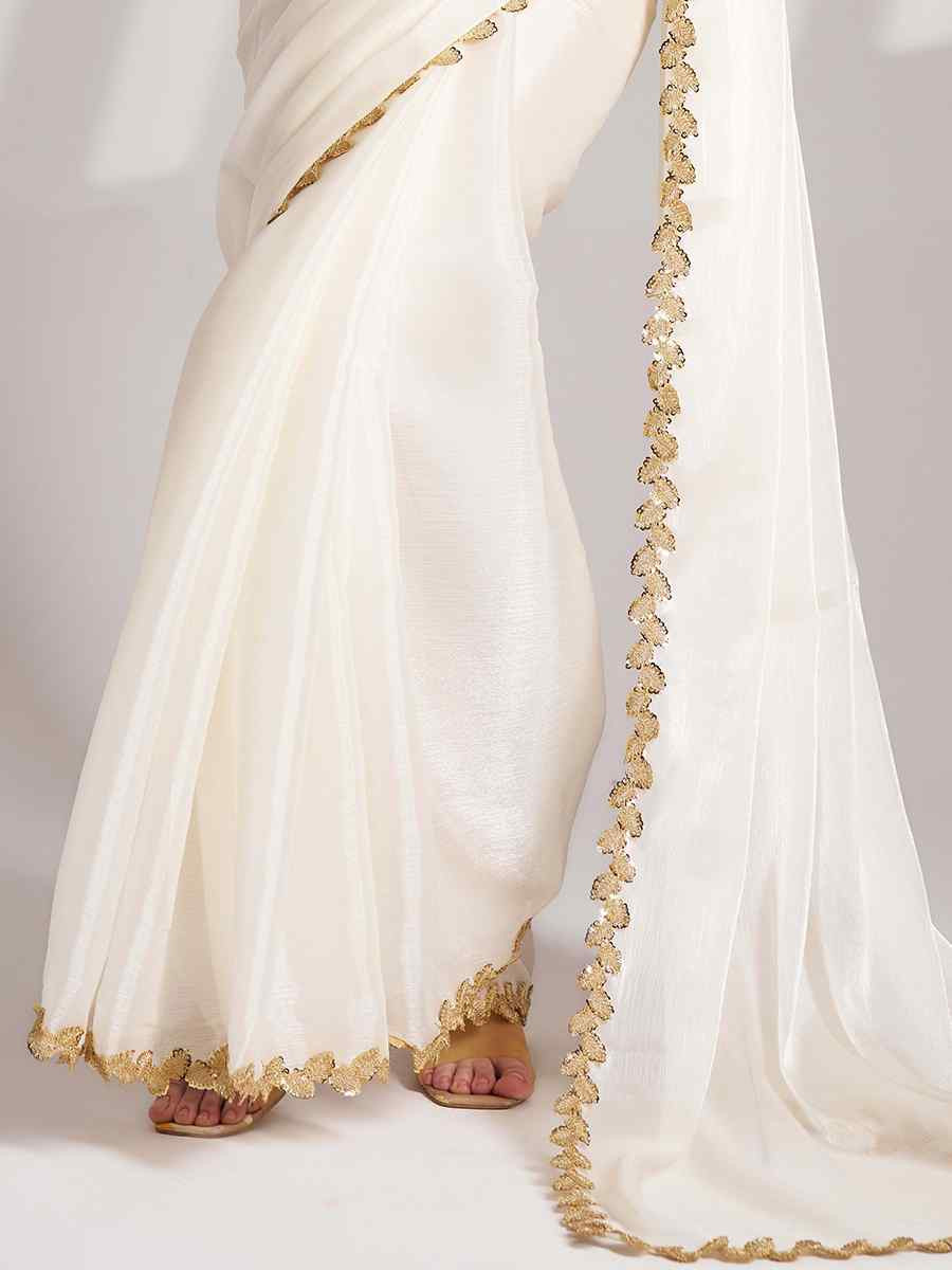 White Burberry Organza Solid Casual Festival Classic Style Saree