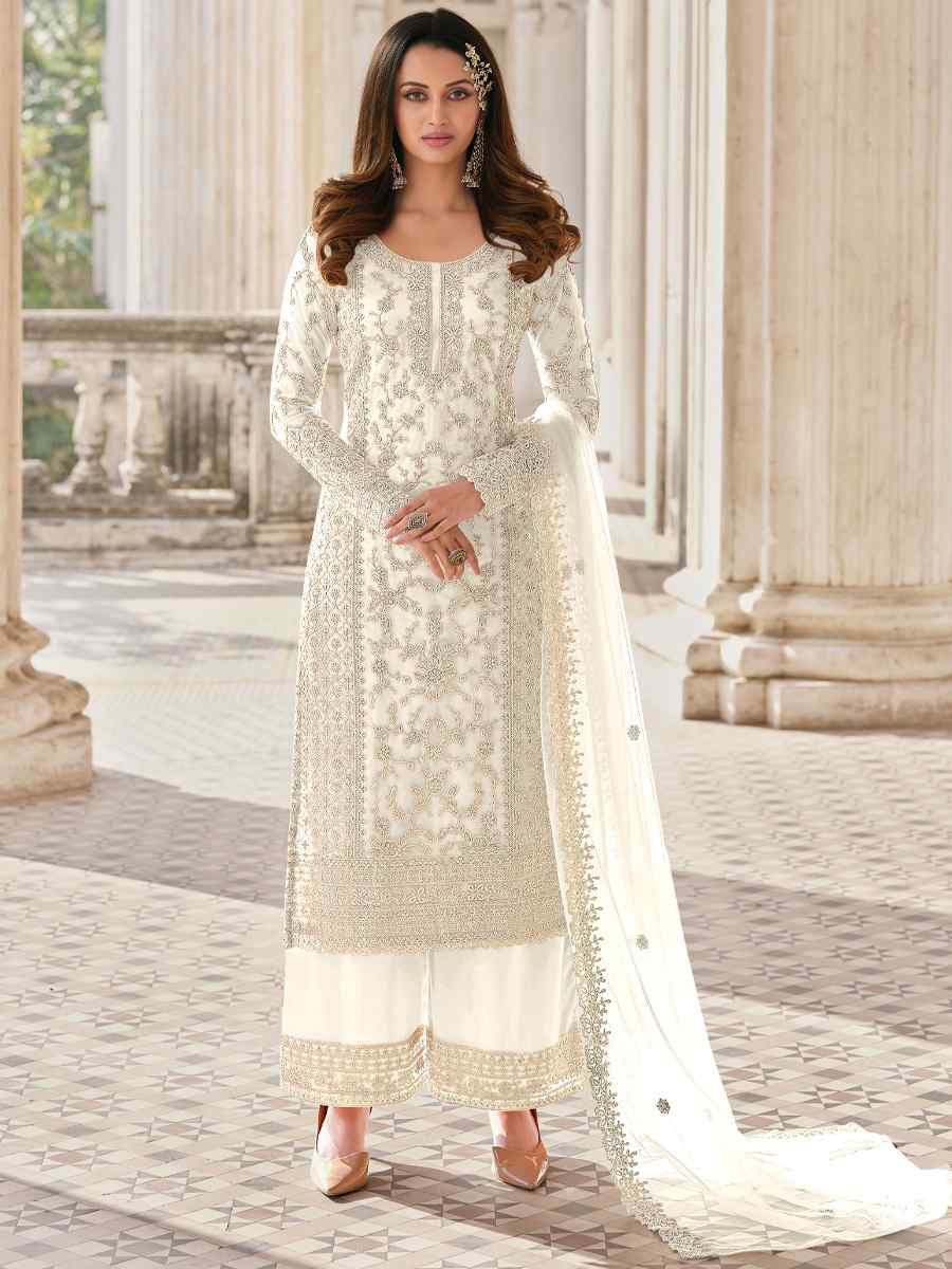 White Buterfly Net Embroidered Wedding Festival Pant Salwar Kameez