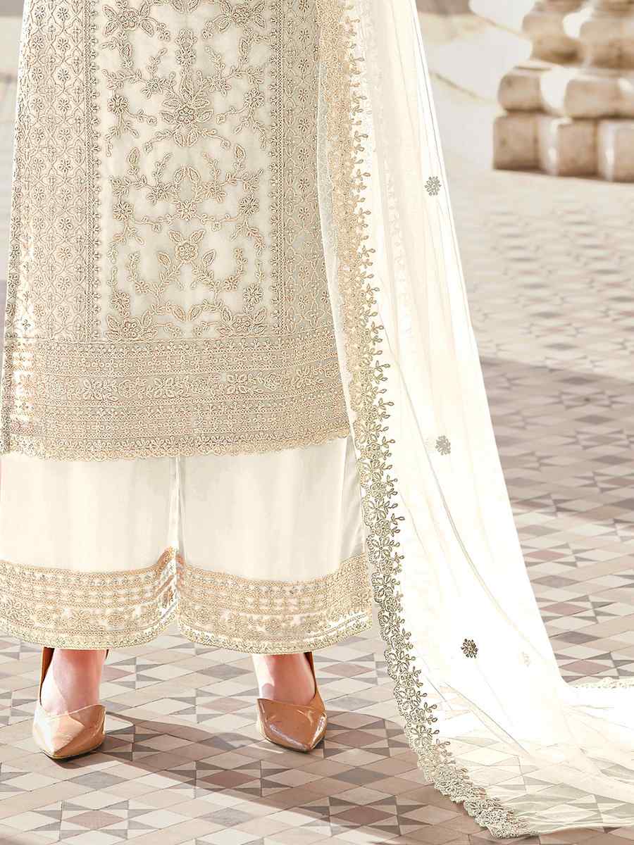 White Buterfly Net Embroidered Wedding Festival Pant Salwar Kameez