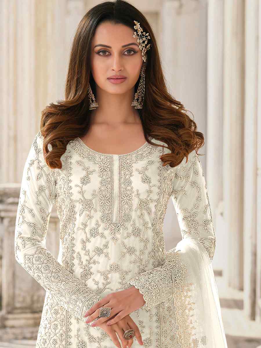 White Buterfly Net Embroidered Wedding Festival Pant Salwar Kameez