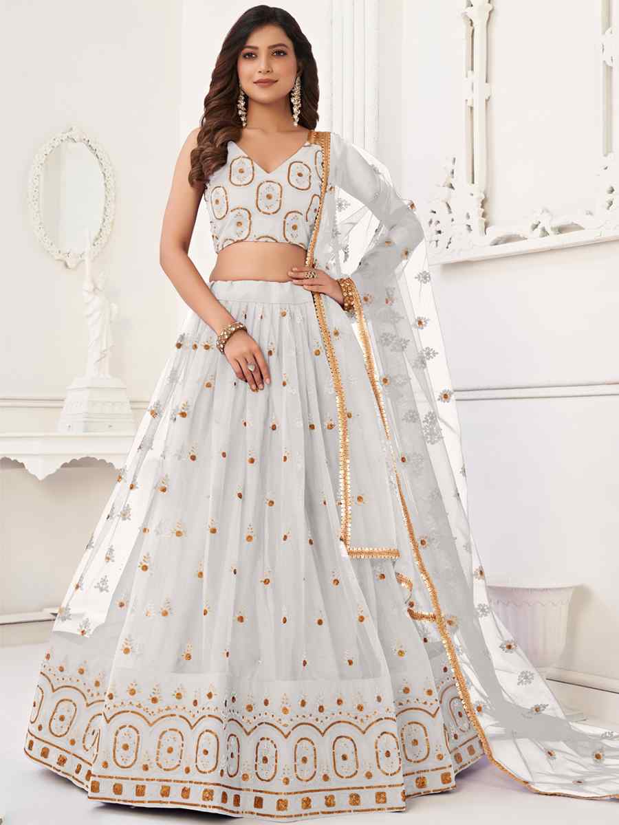 White Butterfly Net Embroidered Bridesmaid Wedding Heavy Border Lehenga Choli