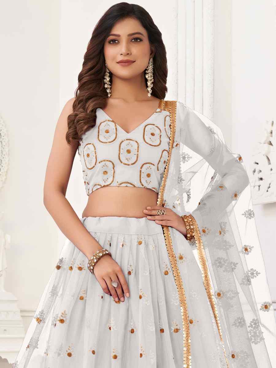 White Butterfly Net Embroidered Bridesmaid Wedding Heavy Border Lehenga Choli