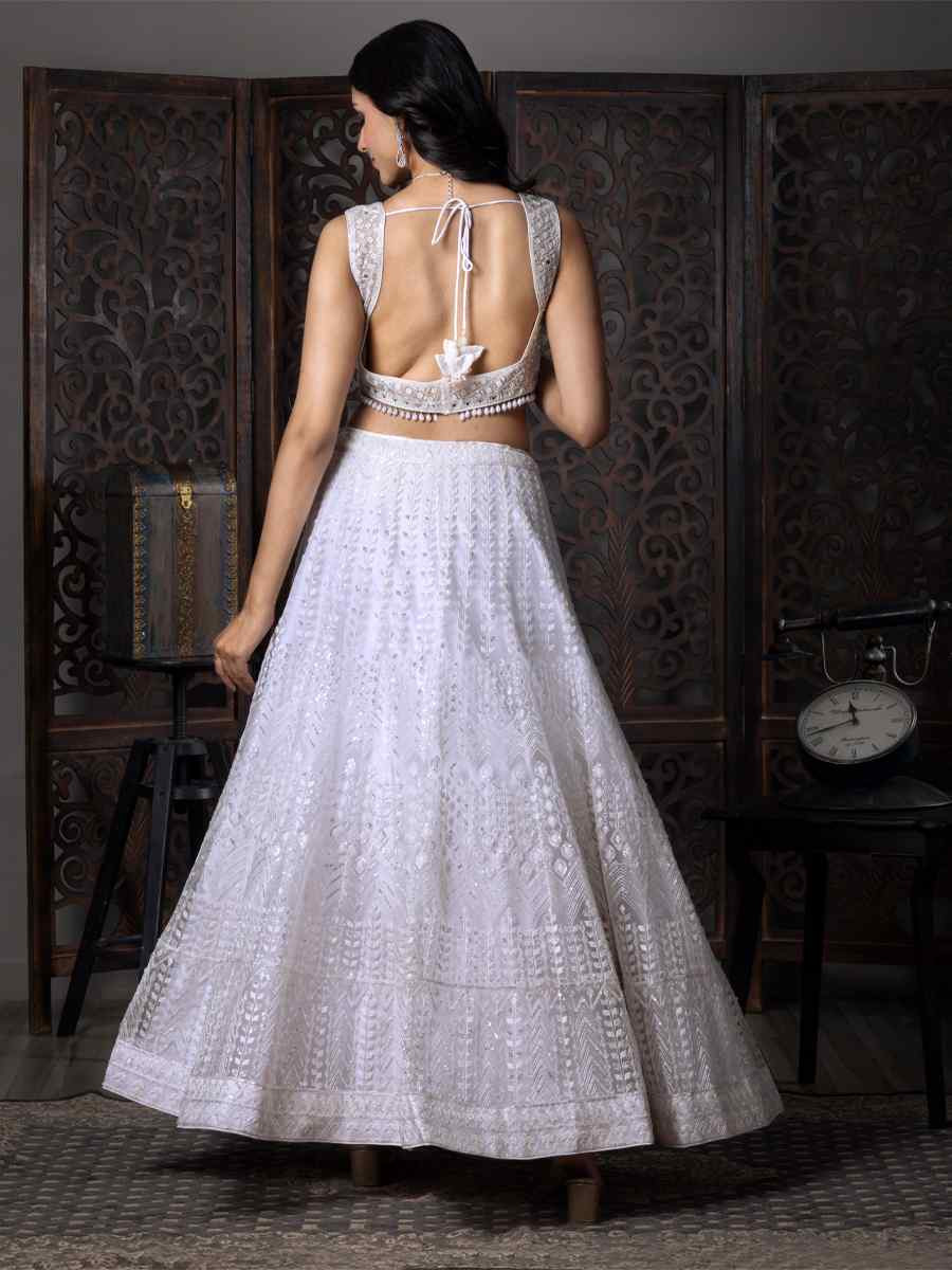 White Butterfly Net Embroidered Festival Wedding Circular Lehenga Choli