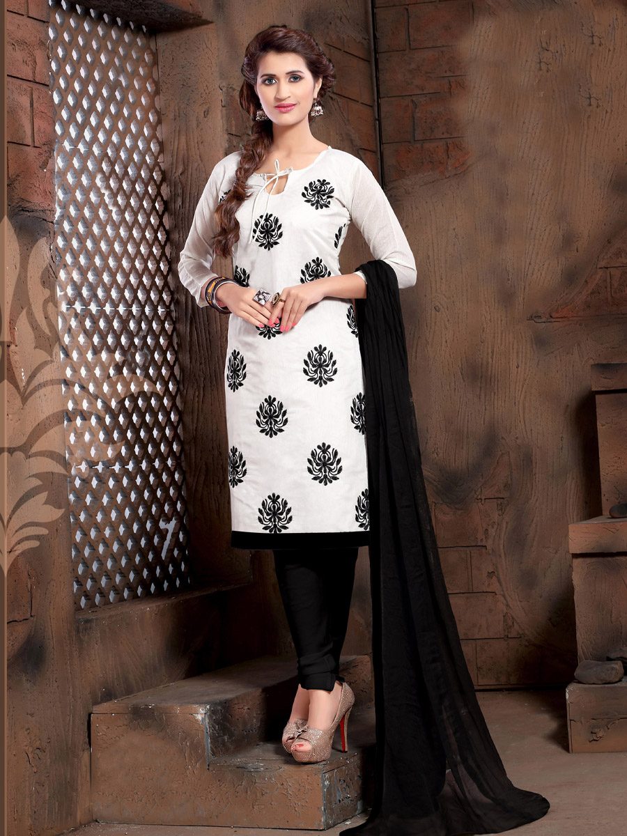 White Chanderi Cotton Printed Casual Festival Churidar Salwar Kameez