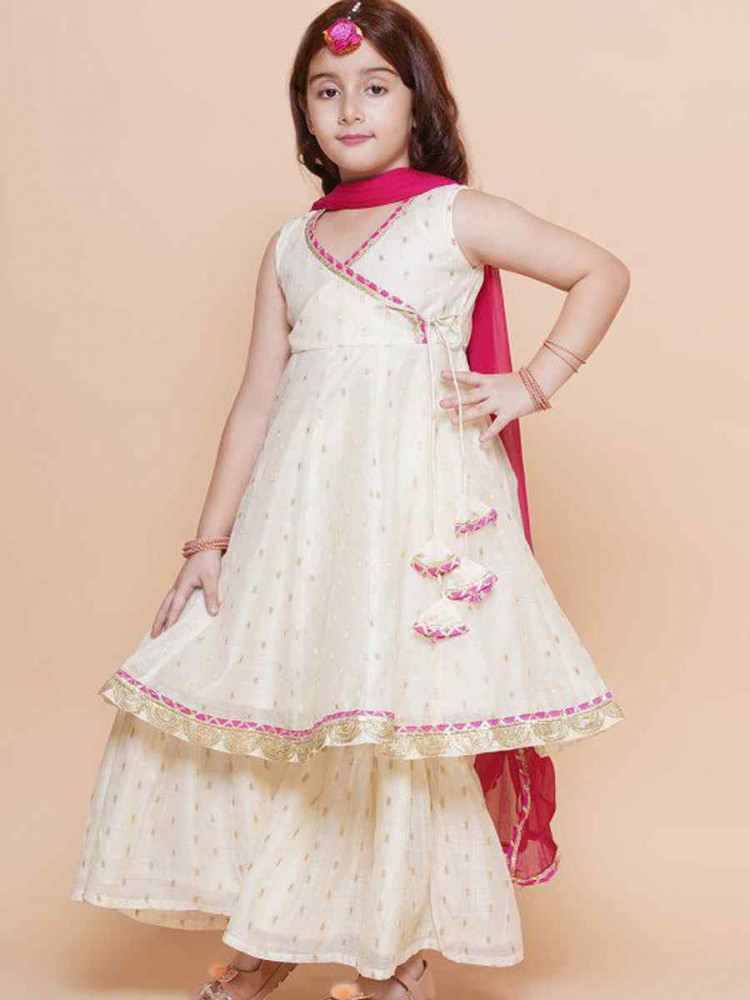 Image of White Chanderi Silk Embroidered Casual Festival Kurta Sharara Girls Wear