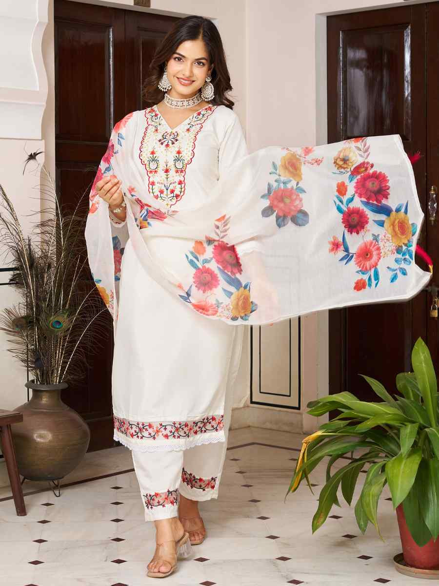 White Chanderi Silk Embroidered Festival Casual Ready Pant Salwar Kameez