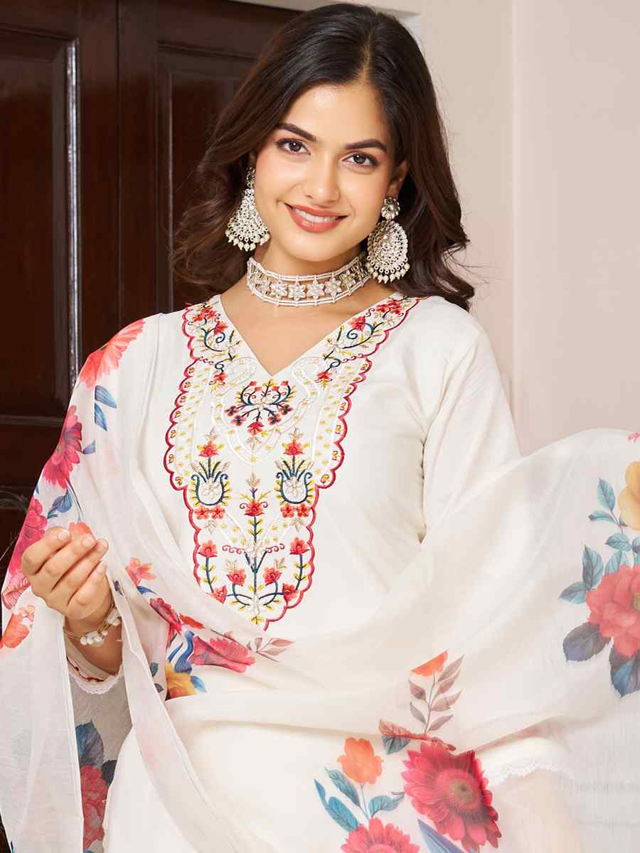 White Chanderi Silk Embroidered Festival Casual Ready Pant Salwar Kameez