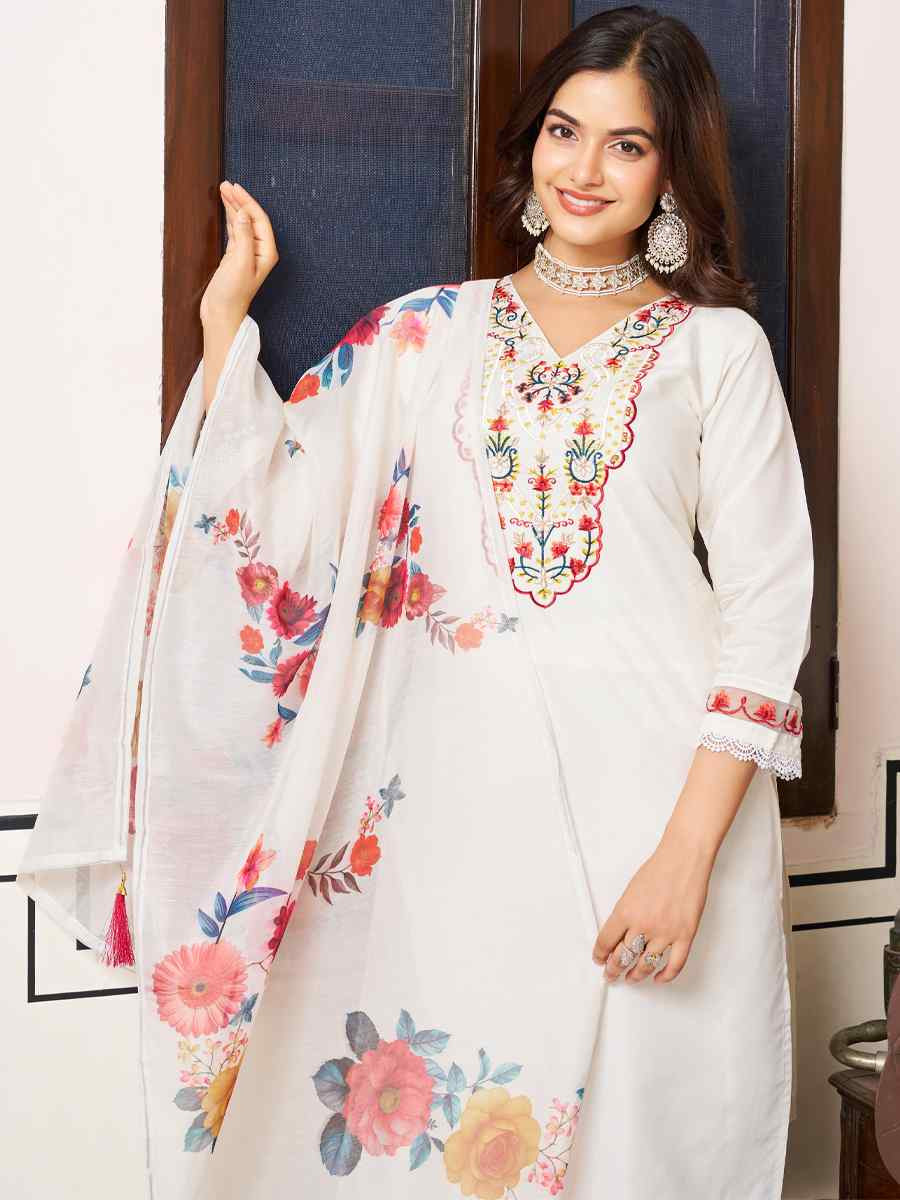 White Chanderi Silk Embroidered Festival Casual Ready Pant Salwar Kameez