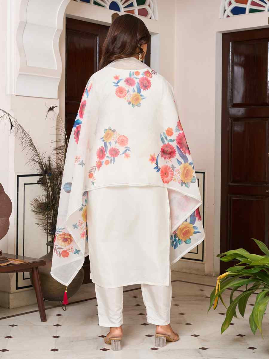 White Chanderi Silk Embroidered Festival Casual Ready Pant Salwar Kameez