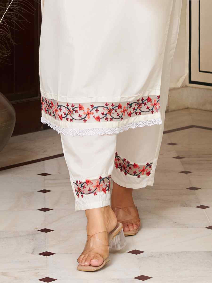 White Chanderi Silk Embroidered Festival Casual Ready Pant Salwar Kameez