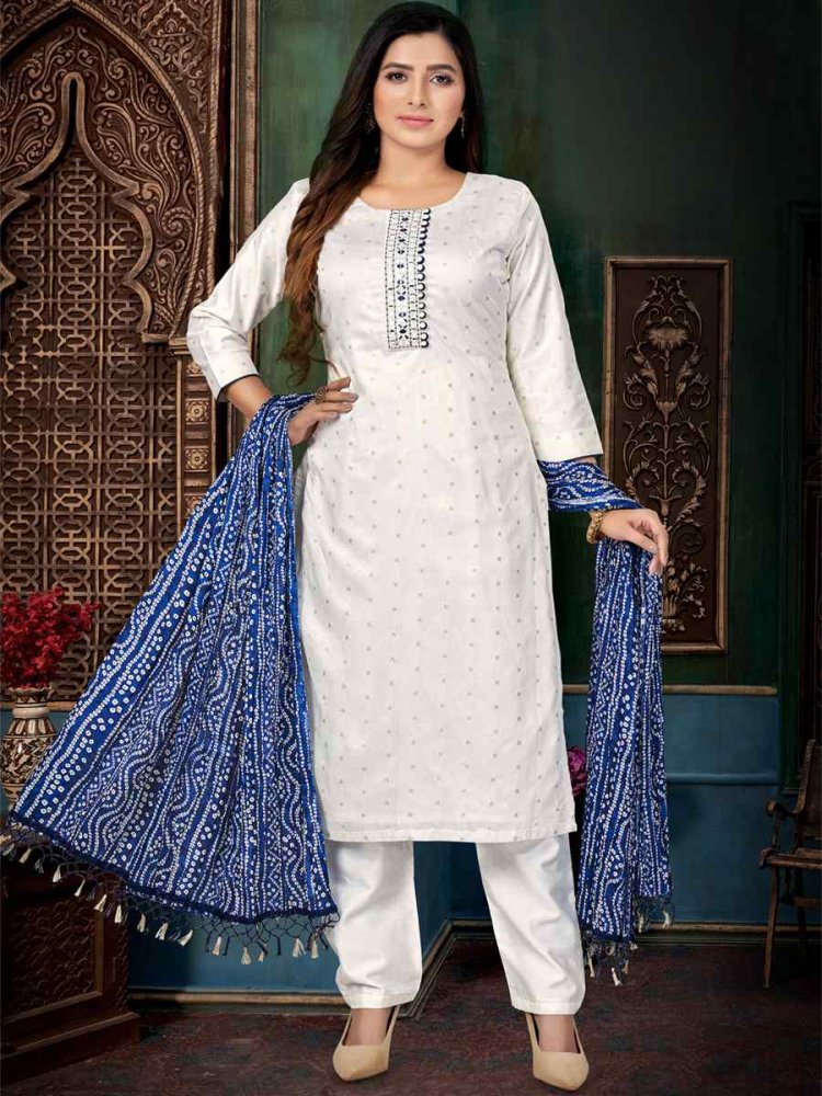 White Chanderi Silk Embroidered Festival Wedding Pant Salwar Kameez